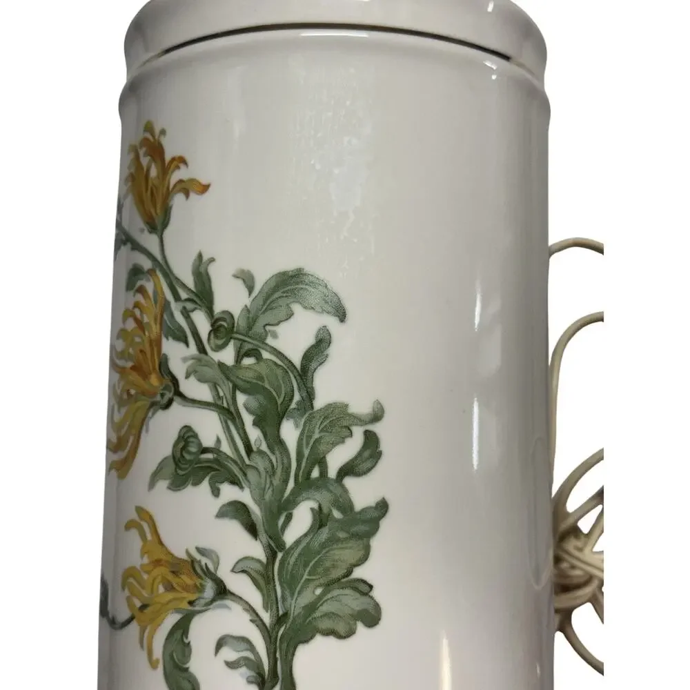 Vintage Pair White Gold Trim Ceramic Table Lamps With Floral Birds Butterflies